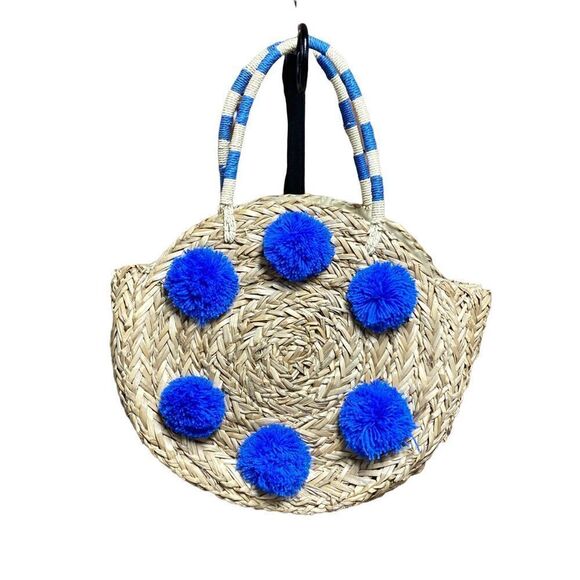 Mud Pie Handbags - Mud Pie Straw Blue Pom Pom Circle Tote Bag NWT